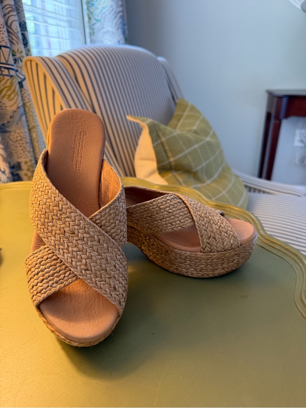 Chocolat Blu Natural Straw Woven Platform Wedges